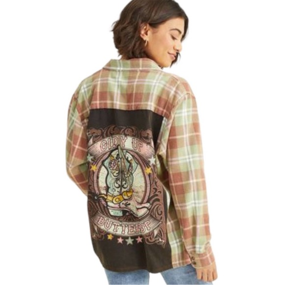 Altar'd State Giddy Up Buttercup Graphic Flannel Top Western - Picture 1 of 5